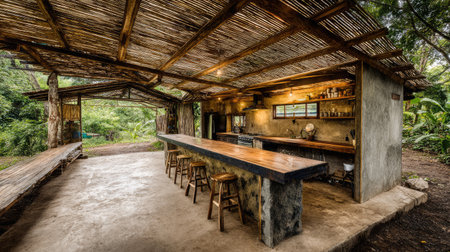 This image showcases a rustic open-air kitchen featuring a long wooden bar in a tropical environment, perfect for outdoor dining and gatherings.の素材