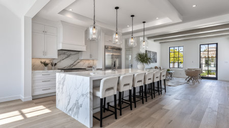 This image showcases a modern and elegant kitchen featuring a large island with marble top, stylish barstools, and bright pendant lighting, perfect for gatherings.の素材