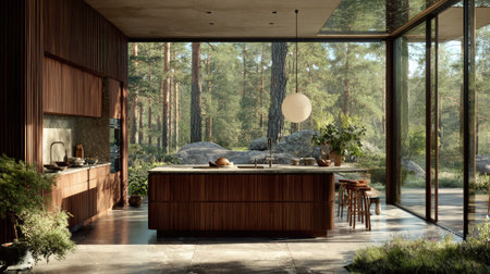 This image showcases a modern kitchen that harmoniously blends with its natural surroundings, featuring large windows, wooden accents, and a serene forest view.の素材