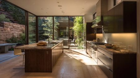 A beautifully designed modern kitchen featuring sleek cabinetry and large windows that allow ample natural light, creating an inviting ambiance.の素材