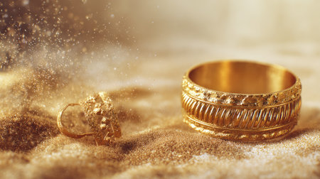 A stunning arrangement of gold jewelry featuring an intricately designed ring and band resting on a bed of sparkling sand. The composition captures elegance and luxury, enhanced by shimmering dust effects that create a captivating visual.の素材