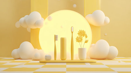 This vibrant bathroom scene features yellow toothbrushes, a flower arrangement, and soft clouds, creating a cheerful and modern atmosphere perfect for showcasing dental products.の素材