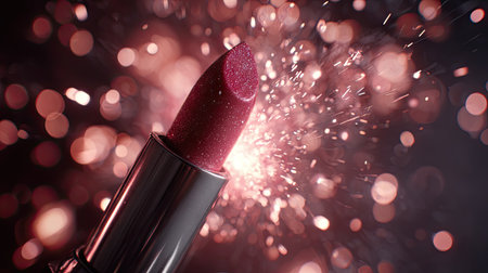 This striking image showcases a vibrant red lipstick with a dazzling glitter effect, captured against a blurred background, perfect for beauty promotions.の素材