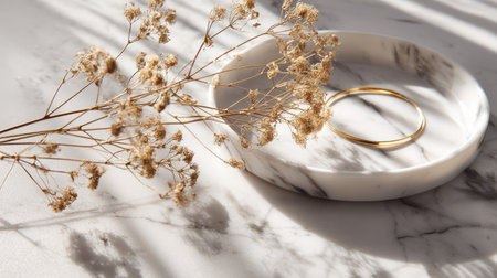 This visually appealing image features a gold bangle resting on a marble tray, surrounded by delicate dry flowers, creating a serene and elegant atmosphere.の素材
