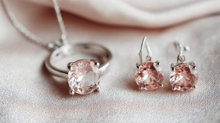 This sophisticated jewelry set showcases a stunning rose quartz necklace and matching earrings, beautifully presented on an elegant fabric background.の素材