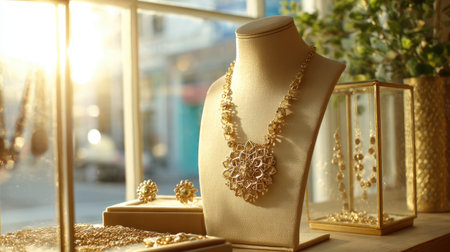 A stunning showcase of elegant jewelry pieces displayed artistically in a boutique, highlighting the beauty and craftsmanship under soft sunlight.の素材