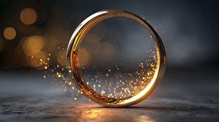 A stunning gold ring radiates elegance, surrounded by glowing particles and a soft bokeh effect, perfect for themes of luxury and romance.の素材