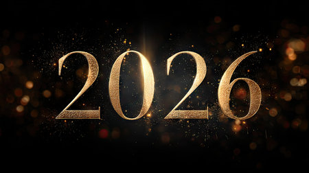 Stunning golden 2026 design with sparkles and bokeh creates a vibrant and festive atmosphere for New Year celebrations and special events.の素材