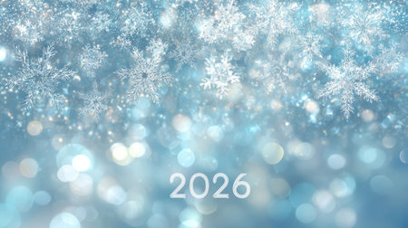 A stunning winter-themed background featuring delicate snowflakes and a soft blue bokeh effect, perfect for celebrating the year 2026 with festive designs.の素材