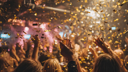 This vibrant image captures the exhilaration of a celebration, showcasing hands holding up glasses as colorful confetti rains down. The atmosphere is filled with joy and excitement, perfect for conveying the spirit of parties and festive gatherings.の素材