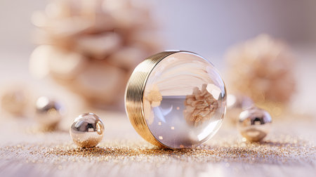 This exquisite glass sphere with gold accents showcases a beautiful pine cone, set against a glittering background, embodying elegance and festive charm.の素材