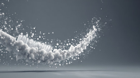 Captivating abstract artwork illustrating light particles elegantly flowing through a serene gray backdrop, showcasing beauty and motion in design.の素材