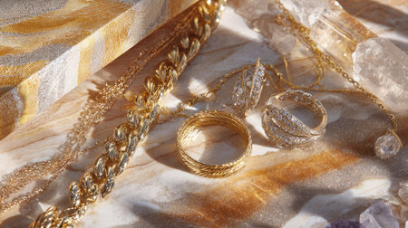 An exquisite collection of elegant jewelry pieces including rings, chains, and earrings displayed artistically on a textured surface with crystals.の素材