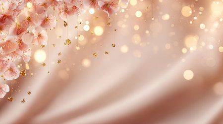 A captivating floral background featuring soft pink blooms adorned with delicate gold accents, complemented by glowing bokeh lights. Perfect for various design projects.の素材