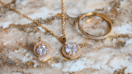 This stunning gold jewelry set features a captivating pendant necklace, ring, and charm, elegantly displayed on a luxurious marble surface, perfect for fashion lovers.の素材