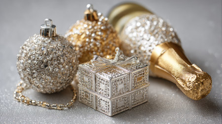 A stunning arrangement featuring sparkling Christmas ornaments, a luxurious champagne bottle, and an elegant gift box, perfect for holiday festivities.の素材