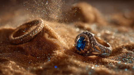 An exquisite vintage ring featuring a striking blue gemstone, artfully placed on a sparkling sandy surface, radiating elegance and luxury.の素材
