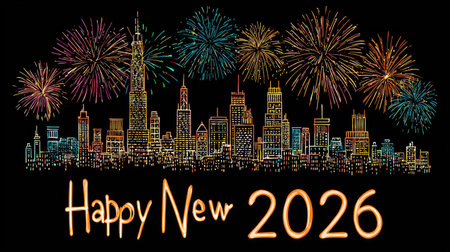 Celebrate the arrival of New Year 2026 with a vibrant fireworks display illuminating a city skyline, featuring an artistic "Happy New" message in a festive setting.の素材