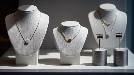 A beautifully arranged display featuring elegant minimalist jewelry, including necklaces and earrings, highlighted by soft lighting for an alluring aesthetic.の素材