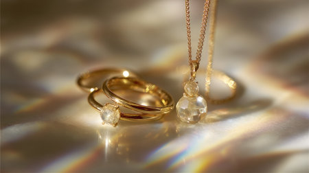 This stunning image showcases elegant gold jewelry featuring rings and a necklace adorned with sparkling crystals. The piece is displayed on a shimmering surface, reflecting light beautifully.の素材