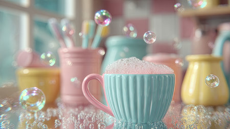 A whimsical scene featuring a pastel-colored cup filled with foam and bubbles, set against a vibrant kitchen background. Ideal for themes of cleanliness and joy.の素材