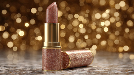 A stunning rose gold lipstick sits elegantly on a marble surface, surrounded by a blurred golden bokeh background, perfect for beauty marketing and inspiration.の素材