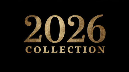 An elegant gold typography featuring the year 2026 and the word "Collection," set against a striking black background, perfect for premium designs.の素材