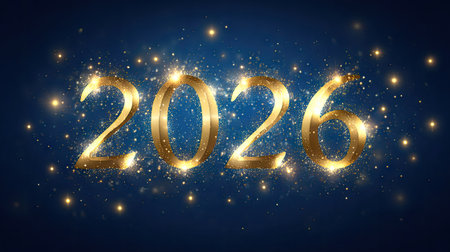 A mesmerizing image featuring the year 2026 in glimmering gold, surrounded by sparkling elements. Perfect for New Year celebrations and festive themes.の素材