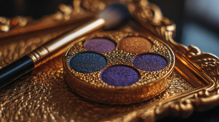 A stunning makeup palette featuring vibrant shimmering eye shadows displayed alongside a brush on an ornate gold tray. Perfect for beauty enthusiasts.の素材
