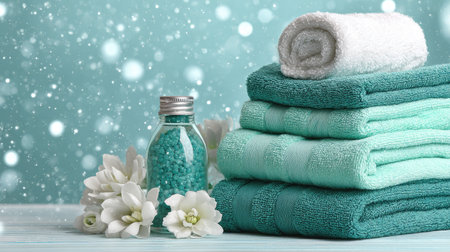 This image features neatly stacked soft towels in calming aqua shades, accompanied by a small bottle and delicate flowers, evoking a tranquil spa experience.の素材