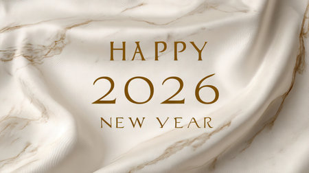 Celebrate the arrival of 2026 with this elegant design featuring Happy New Year text in gold over a luxurious white marble background. Perfect for festive events.の素材