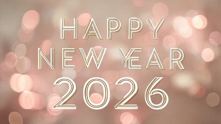 Celebrate the arrival of 2026 with this elegant Happy New Year greeting featuring a soft bokeh background, perfect for decorations and festive cards.の素材