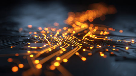 This striking abstract image showcases a glowing circuit board with vibrant orange lights, symbolizing innovation and connectivity in the digital era.の素材