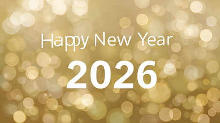 Celebrate the arrival of New Year 2026 with this vibrant image showcasing shining gold bokeh lights, perfect for greeting cards and festive decor.の素材