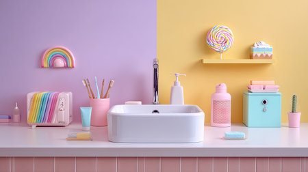 This vibrant bathroom scene features a sleek white sink against pastel walls, adorned with playful decor items, creating a cheerful and inviting atmosphere.の素材