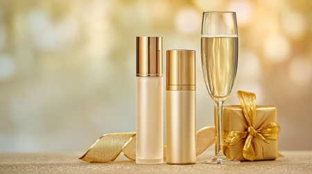 This stunning image captures the essence of luxury with elegant skincare products, a sparkling champagne glass, and a beautifully wrapped gift box, perfect for celebrations.の素材