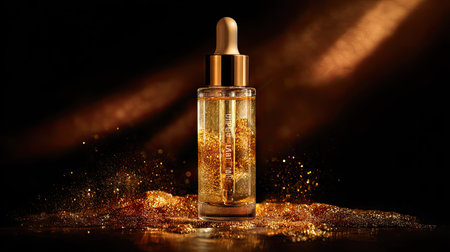 An elegant bottle containing a golden serum stands out against a dark background, exuding luxury and allure. Perfect for beauty and skincare themes.の素材