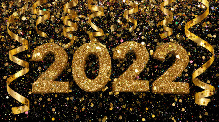 A vibrant and festive representation of the year 2022, featuring sparkling gold numbers, colorful confetti, and elegant streamers. Perfect for celebrations.の素材