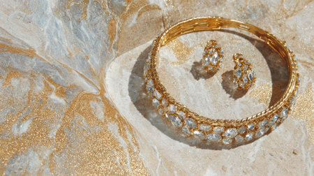 Discover an elegant gold jewelry set featuring a bracelet and matching earrings, beautifully displayed on a luxurious marble background with golden accents.の素材
