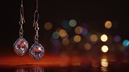 This captivating image features a pair of elegant silver earrings adorned with colorful gemstones, showcased against an artistic bokeh background.の素材