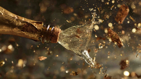 A dynamic shot capturing the moment a champagne bottle opens, with the cork flying and bubbles splashing. Perfect for celebration-themed events.の素材