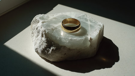 A stunning golden ring sits gracefully on a raw stone, illuminated by soft natural light, creating a serene and elegant composition ideal for themes of love and commitment.の素材