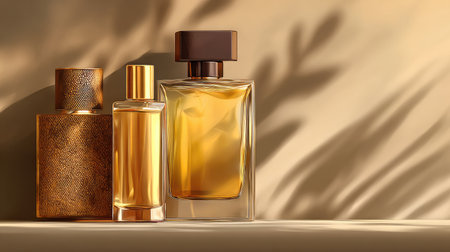 A captivating still life composition featuring three elegant perfume bottles. The warm tones and soft shadows create a sense of luxury and tranquility.の素材