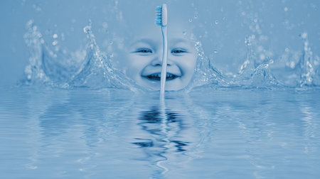 A joyful child emerges from water with a toothbrush in hand, showcasing the importance of dental hygiene during playful bath moments. This image captures the essence of fun and healthy habits for children.の素材