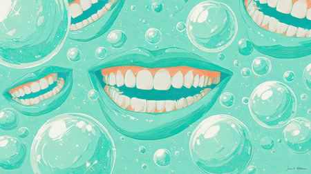 This bright and playful illustration features smiling mouths surrounded by whimsical bubbles. Perfect for cheerful designs, this artwork adds a fresh and fun touch.の素材