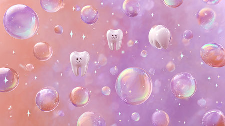 This whimsical illustration features playful cartoon teeth surrounded by colorful bubbles, set against a soft pink and purple backdrop perfect for dental themes.の素材