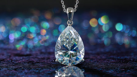 A stunning close-up of a tear drop diamond pendant, beautifully illuminated against a colorful bokeh background, showcasing its brilliance and luxury.の素材