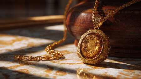 A stunning golden pendant featuring intricate designs rests beside a golden chain on a marble surface, illuminated by natural sunlight, showcasing craftsmanship.の素材