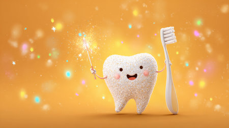 This vibrant cartoon tooth character holds a toothbrush and sparkles with joy. Ideal for dental health promotions, children's education, or fun hygiene campaigns.の素材