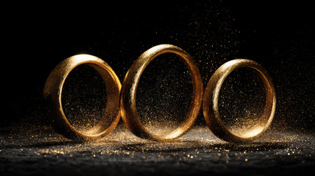 This stunning image features three elegant golden rings with sparkling dust, perfect for representing love, commitment, and luxury in wedding or jewelry themes.の素材